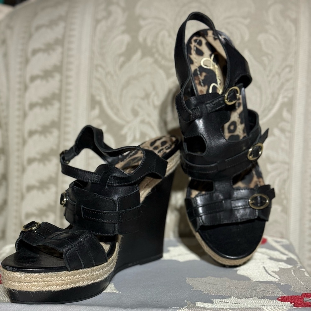 Jessica Simpson Black Wedge Sandals with Gold Accents